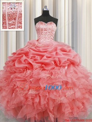 Visible Boning Watermelon Red Organza Lace Up Sweetheart Sleeveless Floor Length Quince Ball Gowns Beading and Ruffles and Pick Ups