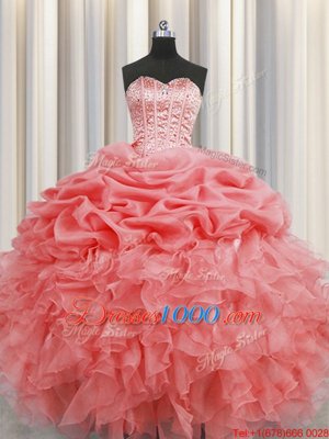 Visible Boning Watermelon Red Organza Lace Up Sweetheart Sleeveless Floor Length Quince Ball Gowns Beading and Ruffles and Pick Ups