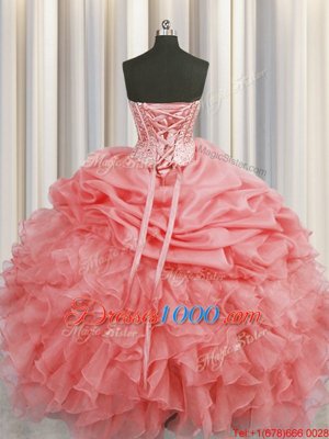 Visible Boning Watermelon Red Organza Lace Up Sweetheart Sleeveless Floor Length Quince Ball Gowns Beading and Ruffles and Pick Ups