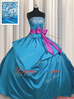 Fantastic Teal Ball Gowns Taffeta Strapless Sleeveless Beading and Ruching and Bowknot Floor Length Lace Up 15th Birthday Dress