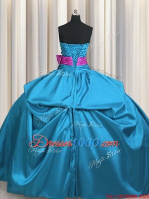 Fantastic Teal Ball Gowns Taffeta Strapless Sleeveless Beading and Ruching and Bowknot Floor Length Lace Up 15th Birthday Dress