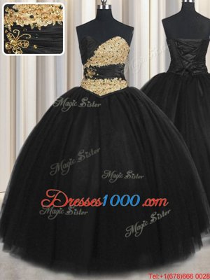 Sleeveless Floor Length Beading and Appliques and Ruching and Belt Lace Up Ball Gown Prom Dress with Black