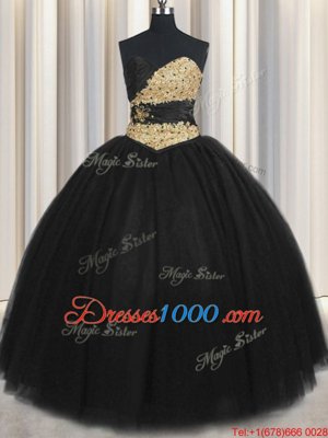 Sleeveless Floor Length Beading and Appliques and Ruching and Belt Lace Up Ball Gown Prom Dress with Black