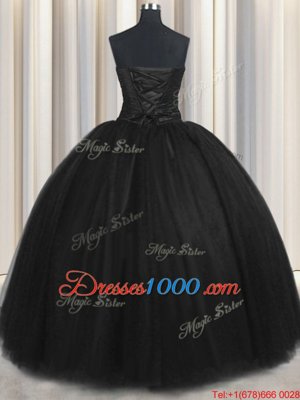 Sleeveless Floor Length Beading and Appliques and Ruching and Belt Lace Up Ball Gown Prom Dress with Black
