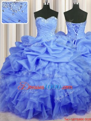 Stunning Blue Sleeveless Floor Length Beading and Ruffles and Ruching and Pick Ups Lace Up 15th Birthday Dress