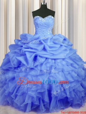 Stunning Blue Sleeveless Floor Length Beading and Ruffles and Ruching and Pick Ups Lace Up 15th Birthday Dress