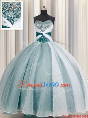 Extravagant Spaghetti Straps Floor Length Teal Ball Gown Prom Dress Organza Half Sleeves Beading and Ruching