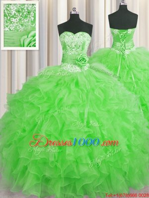 Handcrafted Flower Sweetheart Sleeveless Organza Sweet 16 Quinceanera Dress Beading and Ruffles and Hand Made Flower Lace Up
