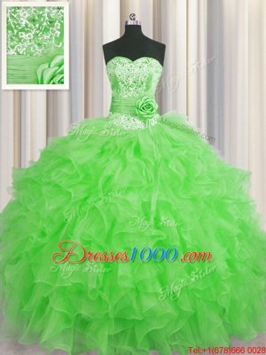 Handcrafted Flower Sweetheart Sleeveless Organza Sweet 16 Quinceanera Dress Beading and Ruffles and Hand Made Flower Lace Up