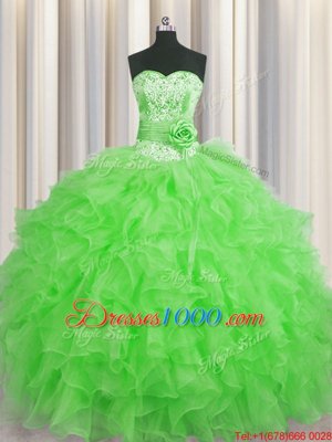 Handcrafted Flower Sweetheart Sleeveless Organza Sweet 16 Quinceanera Dress Beading and Ruffles and Hand Made Flower Lace Up