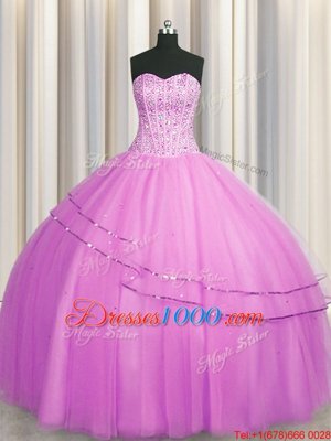 Luxury Visible Boning Really Puffy Lilac Sleeveless Floor Length Beading Lace Up Quinceanera Dress