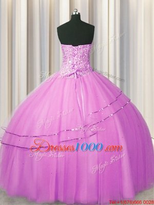 Luxury Visible Boning Really Puffy Lilac Sleeveless Floor Length Beading Lace Up Quinceanera Dress