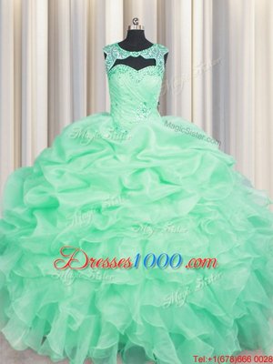 Attractive Apple Green Lace Up Scoop Beading and Pick Ups Sweet 16 Dress Organza Sleeveless