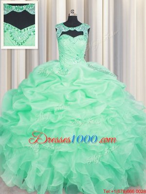 Attractive Apple Green Lace Up Scoop Beading and Pick Ups Sweet 16 Dress Organza Sleeveless