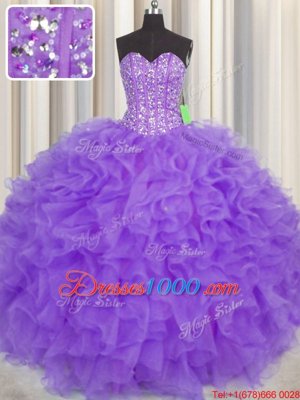 Visible Boning Purple Lace Up Sweetheart Lace and Ruffles and Sashes|ribbons 15 Quinceanera Dress Organza Sleeveless