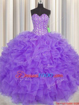 Visible Boning Purple Lace Up Sweetheart Lace and Ruffles and Sashes|ribbons 15 Quinceanera Dress Organza Sleeveless