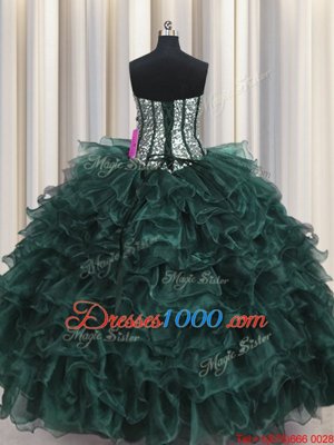 Visible Boning Peacock Green Quinceanera Gowns Military Ball and Sweet 16 and Quinceanera and For with Ruffles and Sequins Sweetheart Sleeveless Lace Up