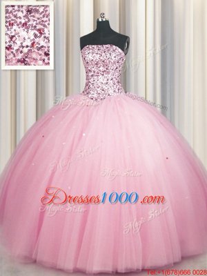 Fashionable Big Puffy Pink Strapless Lace Up Sequins Quinceanera Dresses Sleeveless