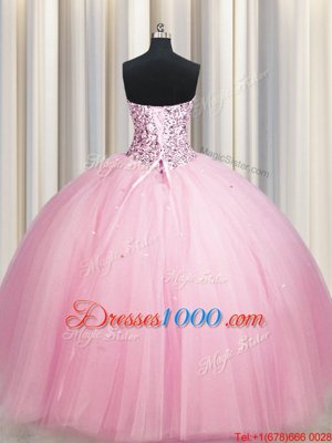 Fashionable Big Puffy Pink Strapless Lace Up Sequins Quinceanera Dresses Sleeveless