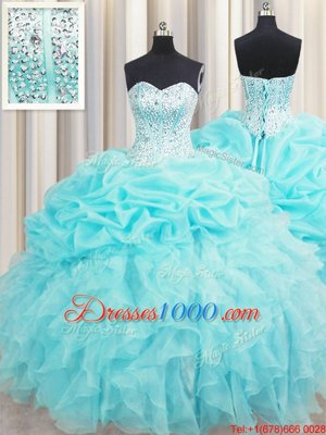 Modern Pick Ups Visible Boning Sweetheart Sleeveless Lace Up Sweet 16 Dresses Aqua Blue Organza