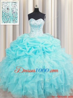 Modern Pick Ups Visible Boning Sweetheart Sleeveless Lace Up Sweet 16 Dresses Aqua Blue Organza