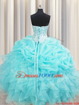 Modern Pick Ups Visible Boning Sweetheart Sleeveless Lace Up Sweet 16 Dresses Aqua Blue Organza