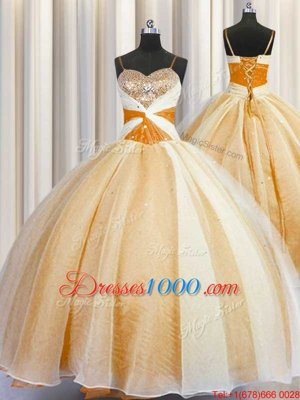 Spaghetti Straps Sleeveless Organza Quinceanera Gowns Beading and Ruching Lace Up