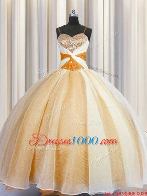 Spaghetti Straps Sleeveless Organza Quinceanera Gowns Beading and Ruching Lace Up