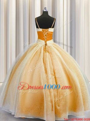 Spaghetti Straps Sleeveless Organza Quinceanera Gowns Beading and Ruching Lace Up