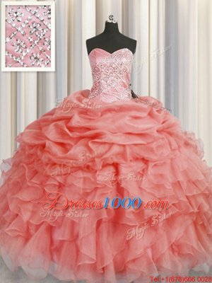 Watermelon Red Lace Up Sweetheart Beading and Ruffles Sweet 16 Quinceanera Dress Organza Sleeveless