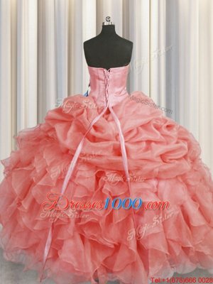 Watermelon Red Lace Up Sweetheart Beading and Ruffles Sweet 16 Quinceanera Dress Organza Sleeveless