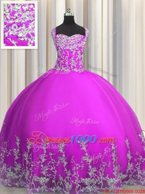 Fabulous Purple Straps Neckline Beading and Appliques Quince Ball Gowns Sleeveless Lace Up