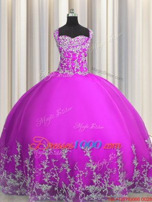 Fabulous Purple Straps Neckline Beading and Appliques Quince Ball Gowns Sleeveless Lace Up