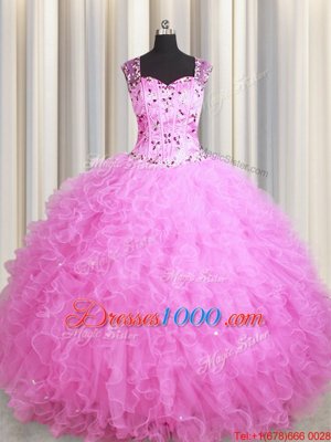 Beauteous See Through Zipper Up Sleeveless Tulle Floor Length Zipper Sweet 16 Dresses in Rose Pink for with Beading and Ruffles