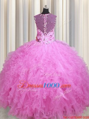 Beauteous See Through Zipper Up Sleeveless Tulle Floor Length Zipper Sweet 16 Dresses in Rose Pink for with Beading and Ruffles