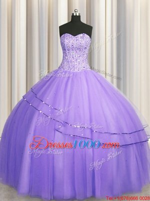 Fancy Visible Boning Big Puffy Sleeveless Tulle Floor Length Lace Up Quince Ball Gowns in Lavender for with Beading