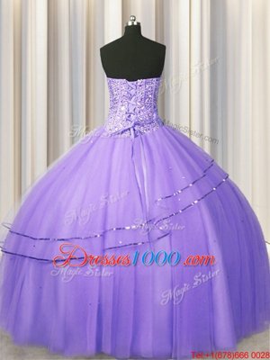 Fancy Visible Boning Big Puffy Sleeveless Tulle Floor Length Lace Up Quince Ball Gowns in Lavender for with Beading