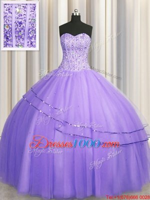 Fancy Visible Boning Big Puffy Sleeveless Tulle Floor Length Lace Up Quince Ball Gowns in Lavender for with Beading