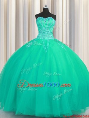 Luxurious Really Puffy Turquoise Sweetheart Lace Up Beading Quinceanera Dresses Sleeveless