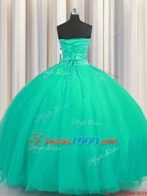 Luxurious Really Puffy Turquoise Sweetheart Lace Up Beading Quinceanera Dresses Sleeveless