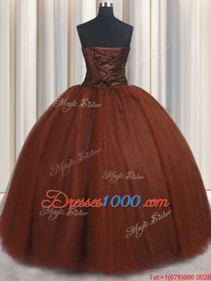 Beautiful Sleeveless Tulle Floor Length Lace Up Quinceanera Dress in Burgundy for with Beading and Appliques
