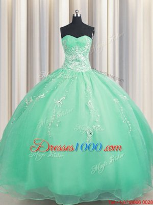 Best Zipper Up Sleeveless Floor Length Beading and Appliques Zipper Quinceanera Gown with Apple Green