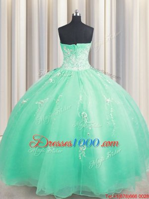 Best Zipper Up Sleeveless Floor Length Beading and Appliques Zipper Quinceanera Gown with Apple Green