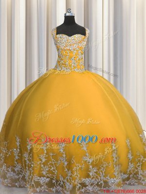 Colorful Gold Tulle Lace Up Sweet 16 Dress Sleeveless Floor Length Beading and Appliques