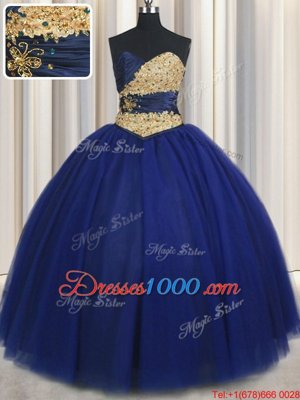 Cute Sleeveless Tulle Floor Length Lace Up Sweet 16 Quinceanera Dress in Navy Blue for with Beading and Appliques