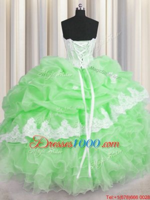 Sleeveless Organza Floor Length Lace Up Quinceanera Dress in for with Beading and Appliques and Ruffles and Pick Ups