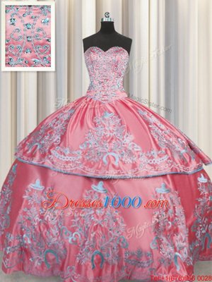 High Quality Sleeveless Taffeta Floor Length Lace Up Quinceanera Gown in Rose Pink for with Beading and Embroidery