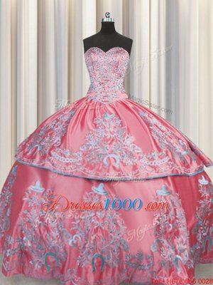 High Quality Sleeveless Taffeta Floor Length Lace Up Quinceanera Gown in Rose Pink for with Beading and Embroidery