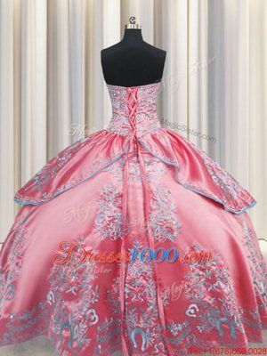 High Quality Sleeveless Taffeta Floor Length Lace Up Quinceanera Gown in Rose Pink for with Beading and Embroidery