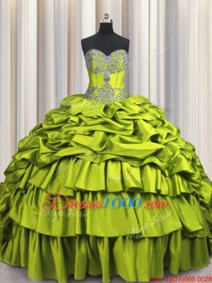 Brush Train Beading and Embroidery and Ruffled Layers and Pick Ups Ball Gown Prom Dress Olive Green Lace Up Sleeveless Floor Length
